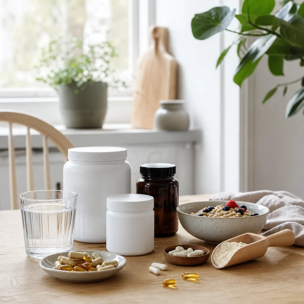 Person mäter upp proteinpulver i ett ljust kök – vardaglig hälsorutin